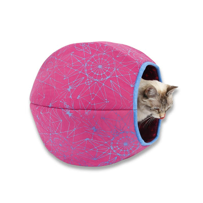 The Cat Ball® cat bed made with bold pink and blue cotton batiks. Our innovative cat beds are made in the USA. 