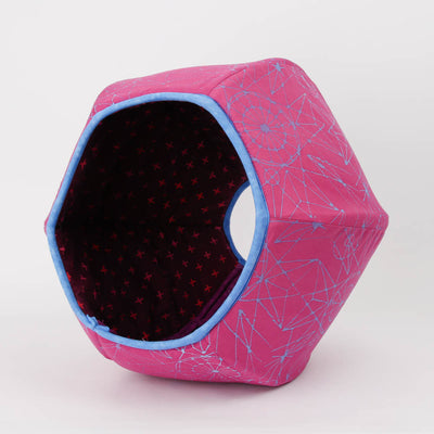 The Cat Ball® cat bed made with bold pink and blue cotton batiks. Our innovative cat beds are made in the USA. 