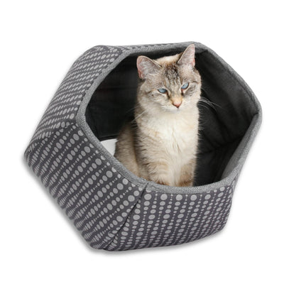 This neutral grey fabric Cat Ball® cat bed has a modern look, made with a tone-on-tone grey fabric printed with lines or stripes made of dots. 
