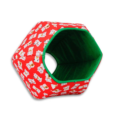 The Cat Ball® cat bed is made in a cute red maneki neko waving cat fabric, and lined with green, Our innovative cat cave design has two openings and is made in the USA. 