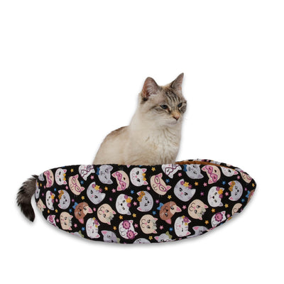 We have used a cute cartoon cat fabric to create this Cat Canoe® modern cat bed. Our original taco-shaped cat bed design is long, narrow, and has high sides. The inner foam panels are flexible. 