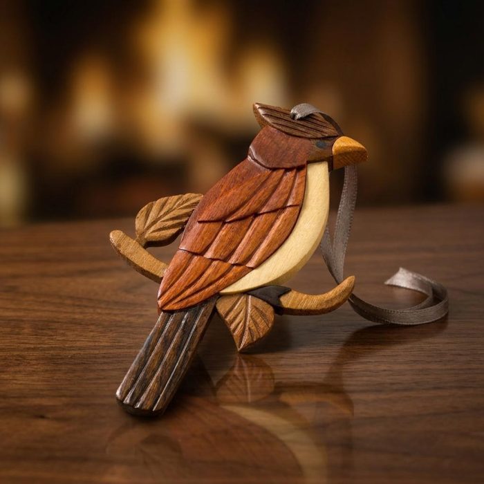 Handcrafted Cardinal Wood Intarsia Ornament 1