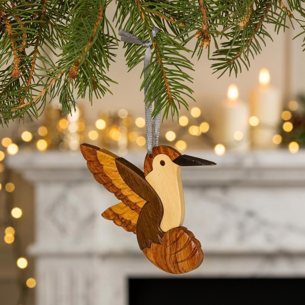 Handcrafted Hummingbird Wood Intarsia Ornament Handcrafted Hummingbird Wood Intarsia Ornament