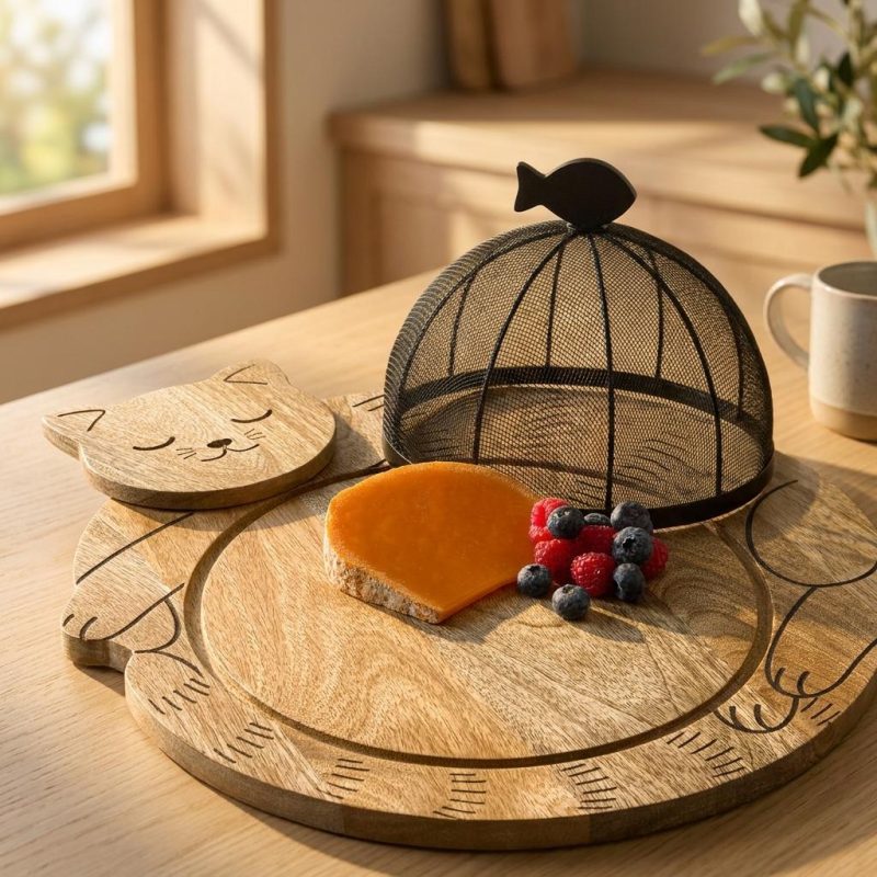 Charming Cozy Cat Serving Board & Cloche