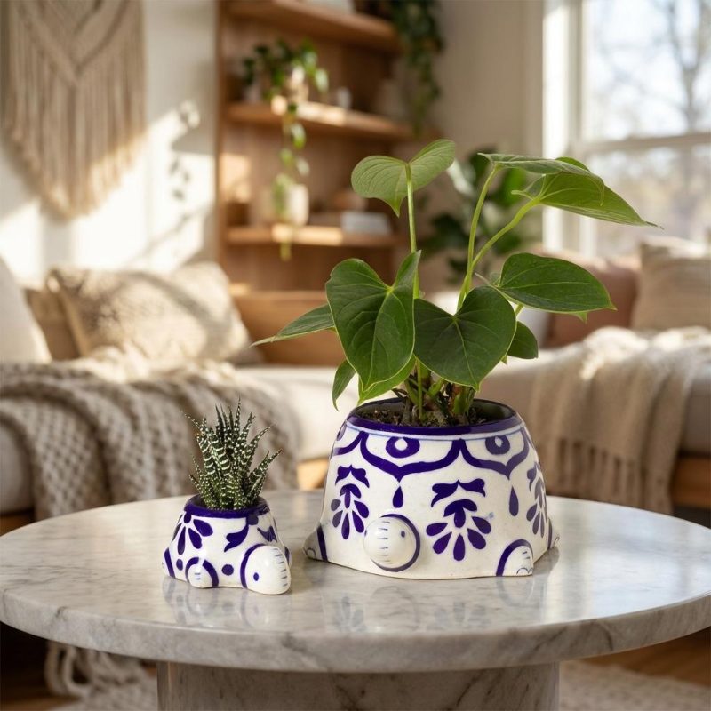 Hand Painted Ceramic Turtle Planter Set