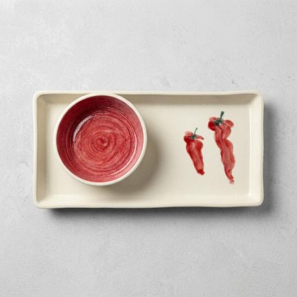 Hand Painted Chili Pepper Porcelain Chip & Dip Server