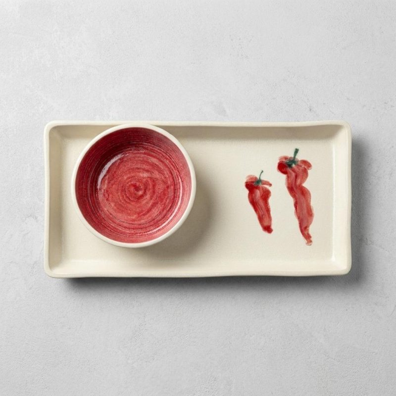 Hand Painted Chili Pepper Porcelain Chip & Dip Server