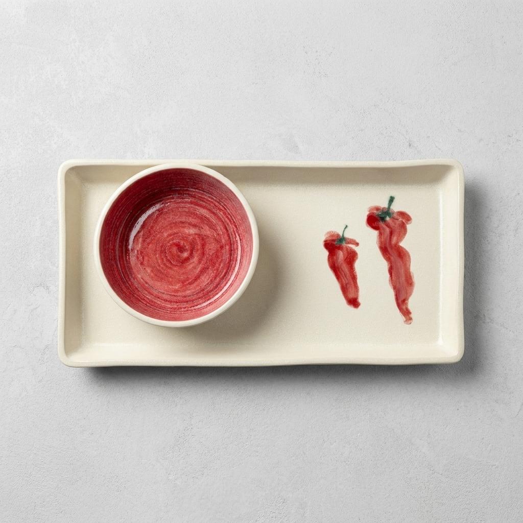 Hand Painted Chili Pepper Porcelain Chip & Dip Server Hand Painted Chili Pepper Porcelain Chip & Dip Server