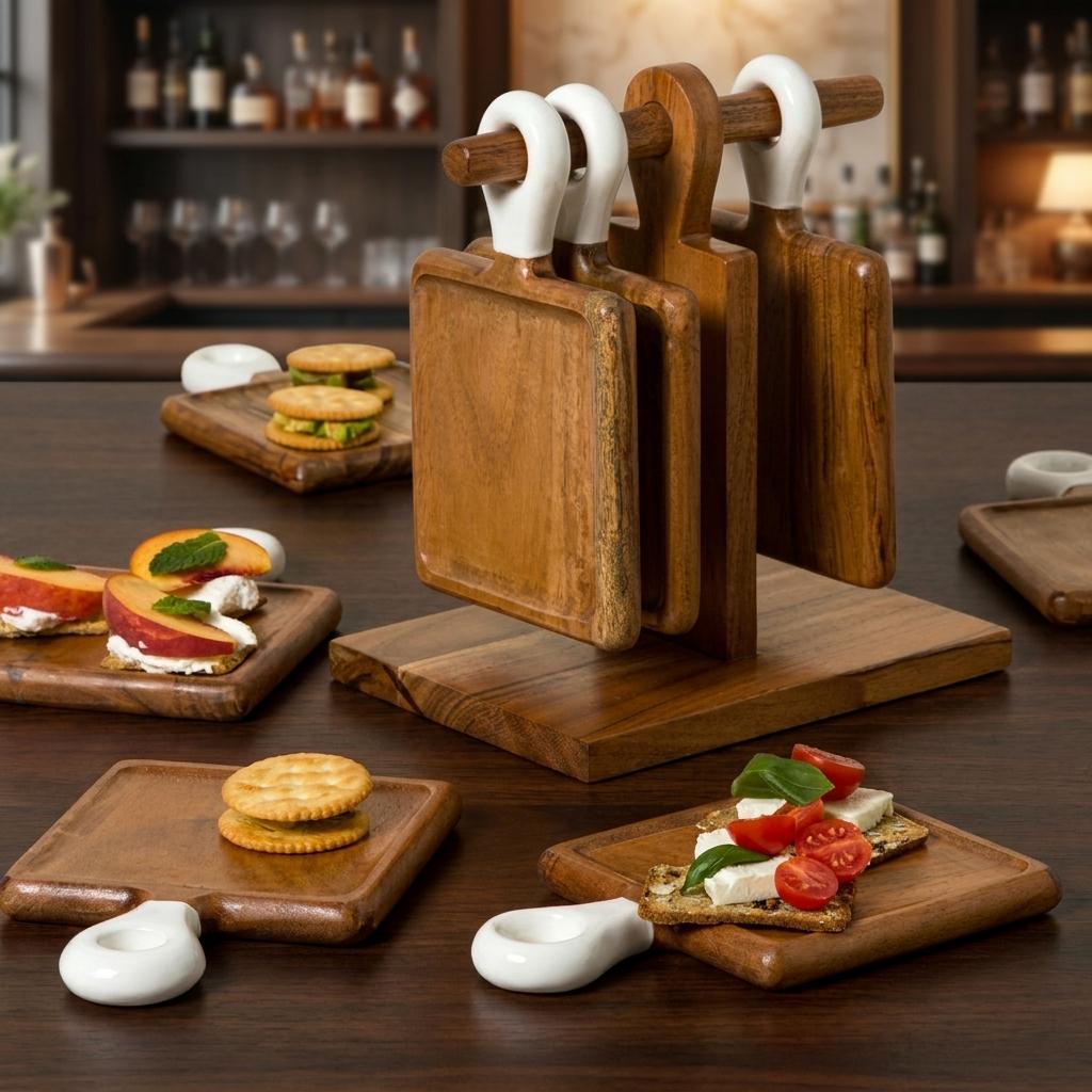 Acacia Wood Appetizer Boards With Stand - Set Of 8 Acacia Wood Appetizer Boards With Stand - Set Of 8