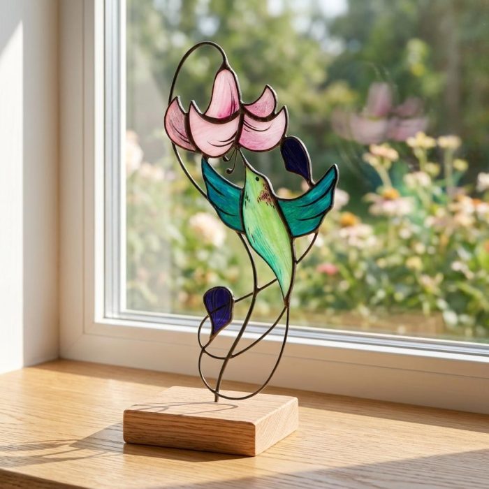 Beautiful Joyful Hummingbird Stained Glass Sculpture 2