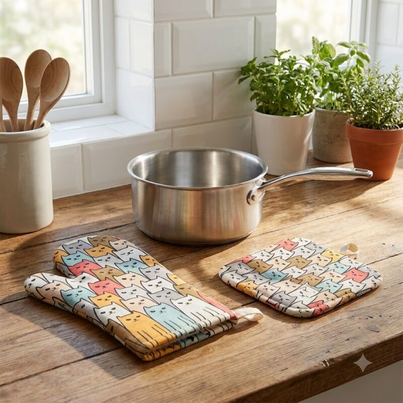 Cats On Cats Oven Mitt & Potholder Set - 100% Polyester (2)