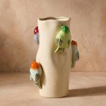 Colorful Ceramic Birds On Log Vase 1