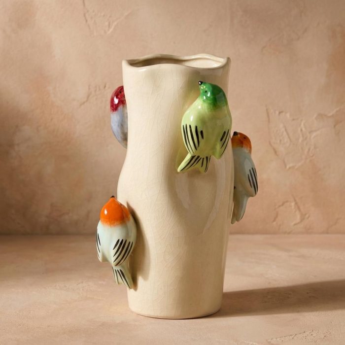 Colorful Ceramic Birds On Log Vase 1