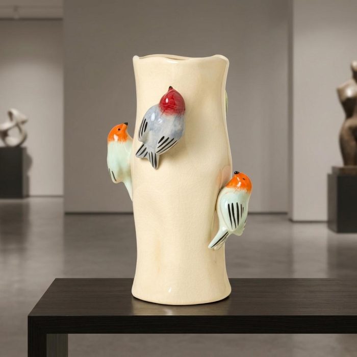 Colorful Ceramic Birds On Log Vase 2