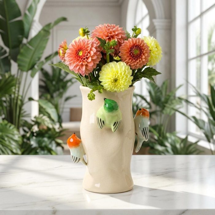 Colorful Ceramic Birds On Log Vase 3