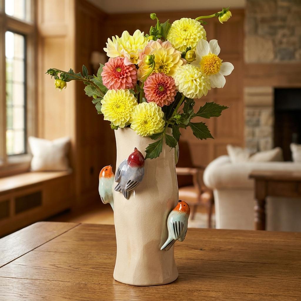 Colorful Ceramic Birds On Log Vase Colorful Ceramic Birds On Log Vase