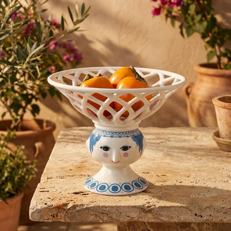 Fruit Lady Pedestal Bowl - Hand-painted Ceramic