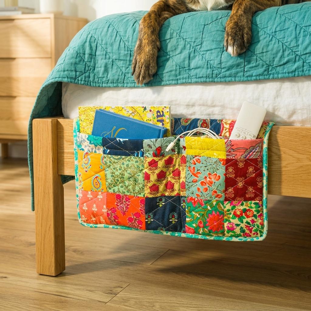 Handmade Re-purposed Quilted Sari Bedside Caddy Handmade Re-purposed Quilted Sari Bedside Caddy