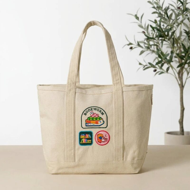 Heavy Canvas Bookworm Embroidered Badge Tote