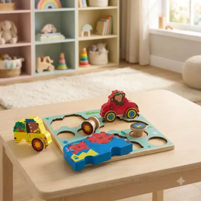 Puzzle & Roll Wooden Vehicle Toddler Puzzle
