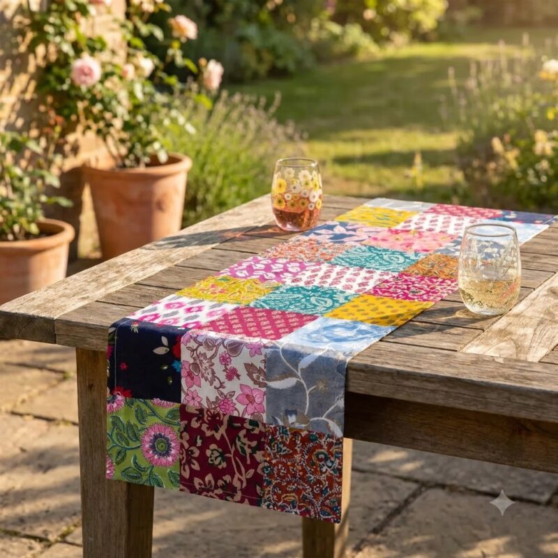 Repurposed Sari Table Runner - Hand-stitched Kantha (3)